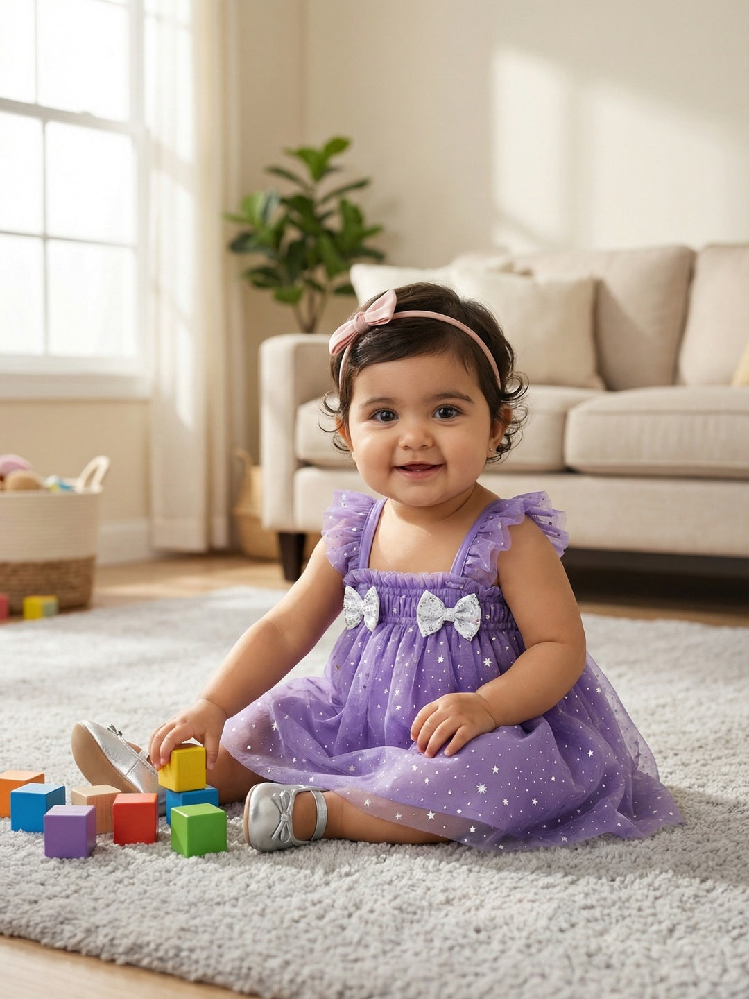 Nautinati Baby Girls' A-line Holographic All-over Star Foil Print Mesh Party Dress with Sequinned Bow