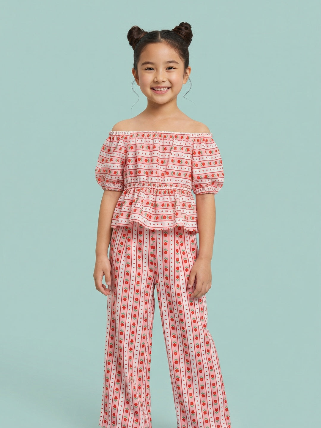 Nautinati Girls Valentine's Edition Red Floral Striped Peplum Top with Wide Leg Bottoms Co-ord Set
