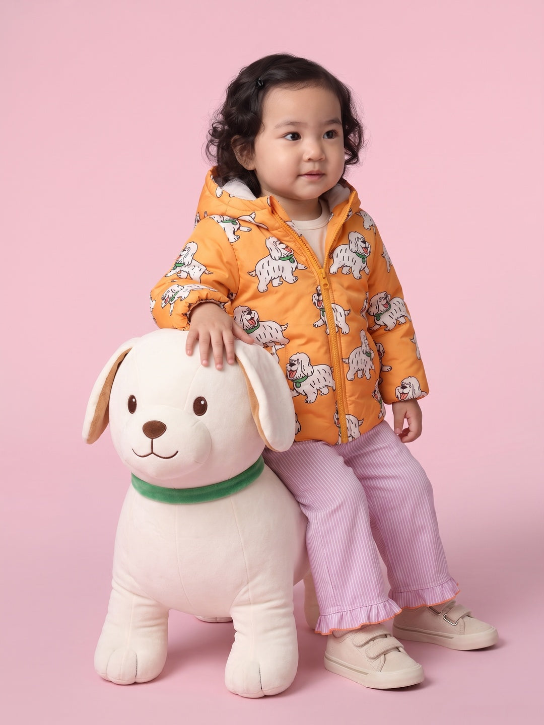 Nautinati Baby Girls Regular Fit Hooded Dog Printed Puffer Jacket with Front Zip