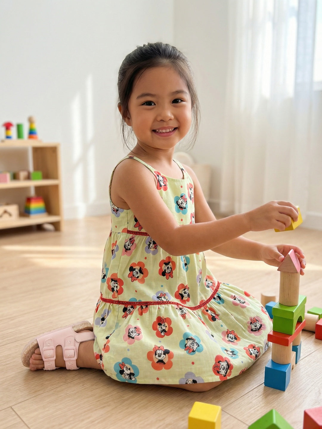 Nautinati Girls' 100% Cotton All-over Disney Minnie Mouse Floral Printed A-line Tiered Dress with Ladder Lace Design