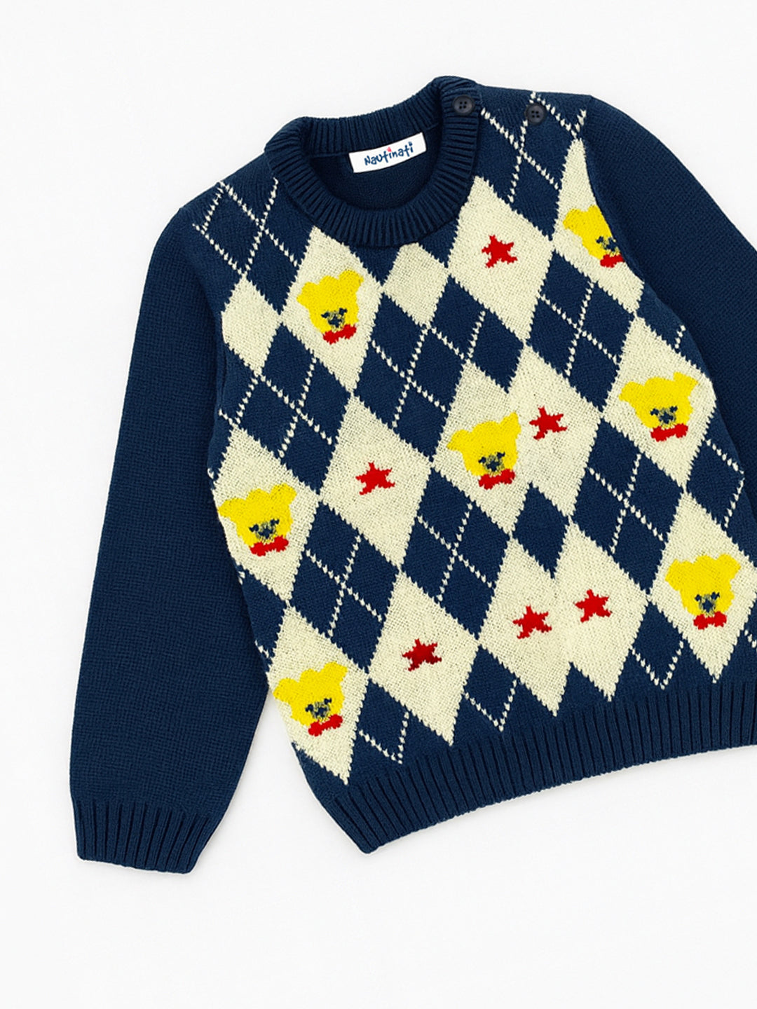 Nautinati Navy Blue and White Argyle Design Flat-knit Sweater for Boys