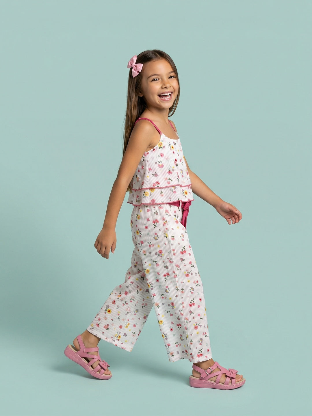 Nautinati Girls 100% Cotton Floral Printed Crop Top With Wide Leg Bottom Co-Ord Set