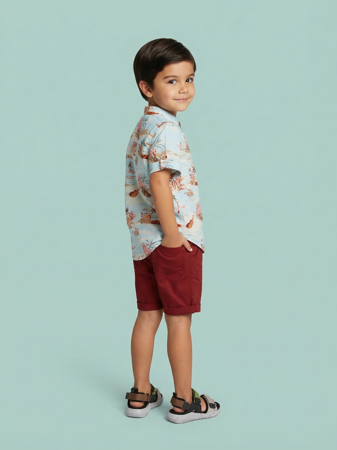 Nautinati Boys' Cotton Blend All-over Palm Tree and Surfer Shirt & Shorts Co-ord Set
