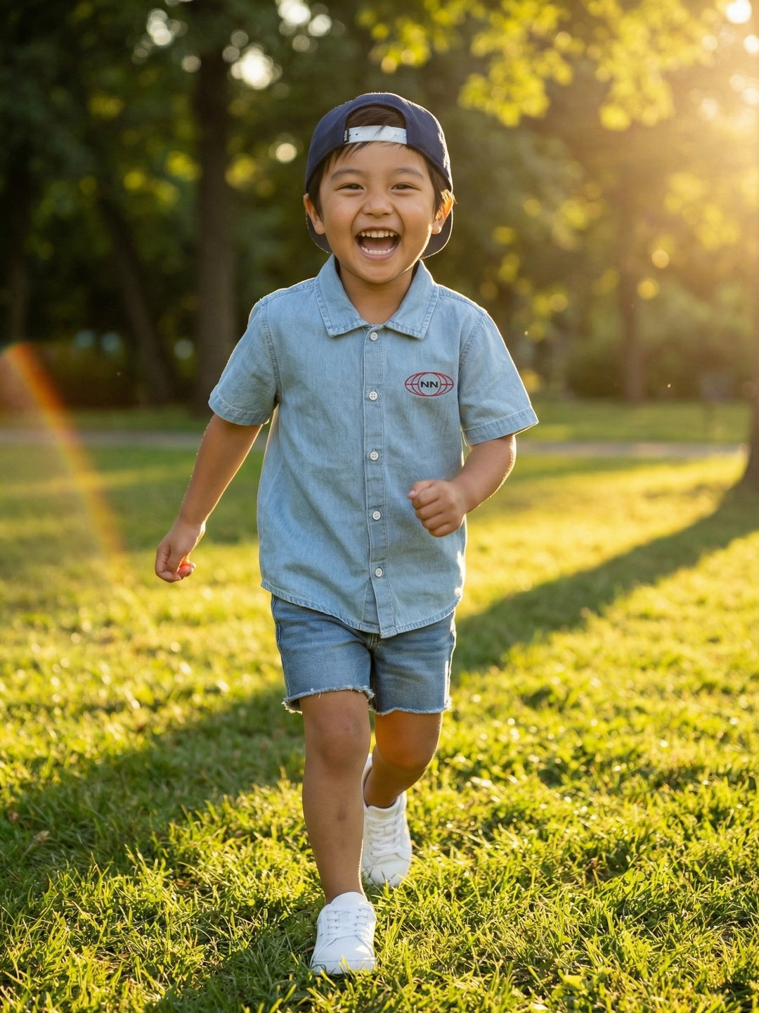 Nautinati Boys' 100% Cotton Racing Front & Back Placement Print Denim Shirt