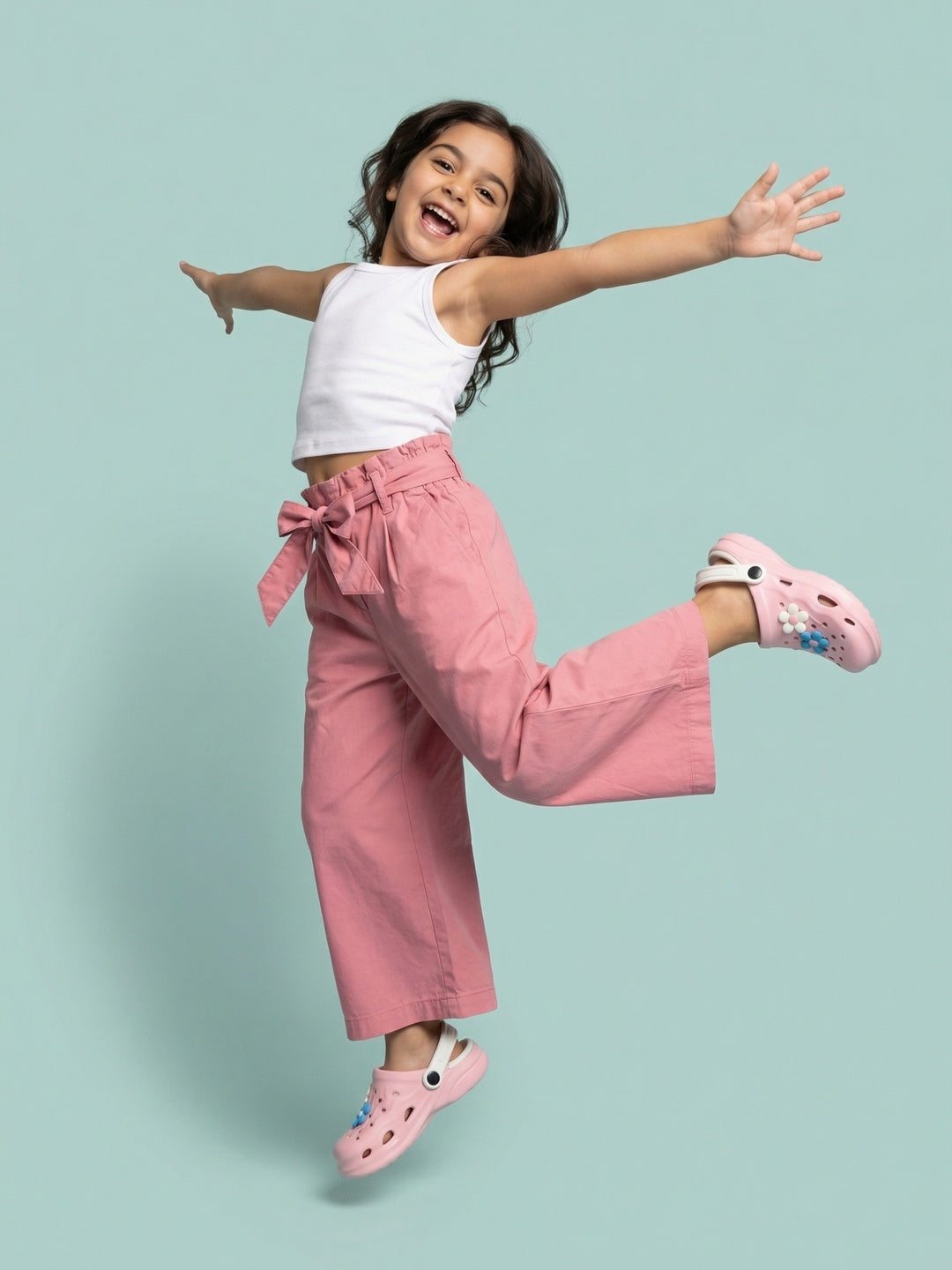 Nautinati Girls' 100% Cotton Solid Loose Fit Paperbag High-waist Wide-leg Pants with Belt