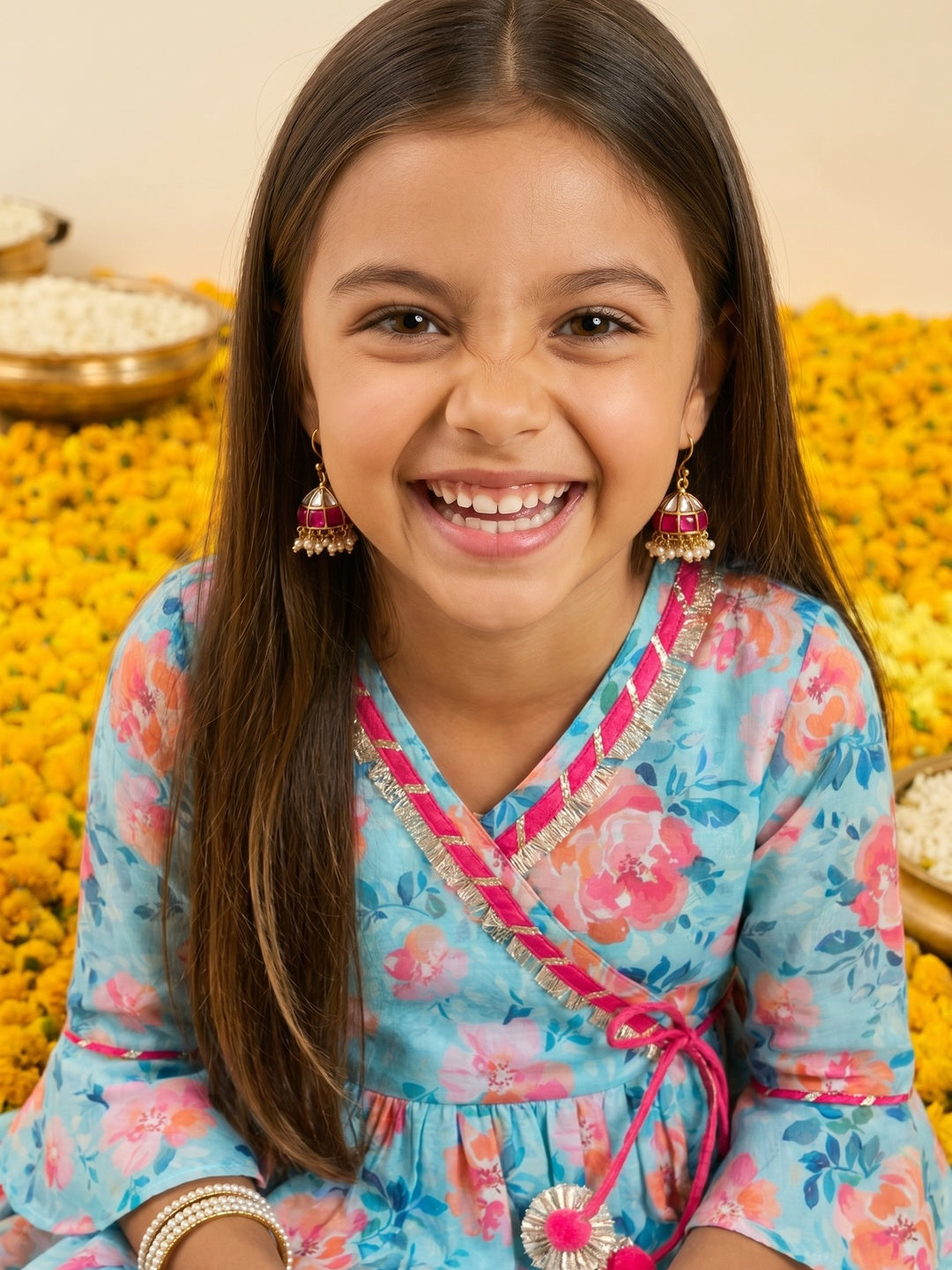 Nautinati Girls' Printed Chanderi Kurta Set with Dupatta