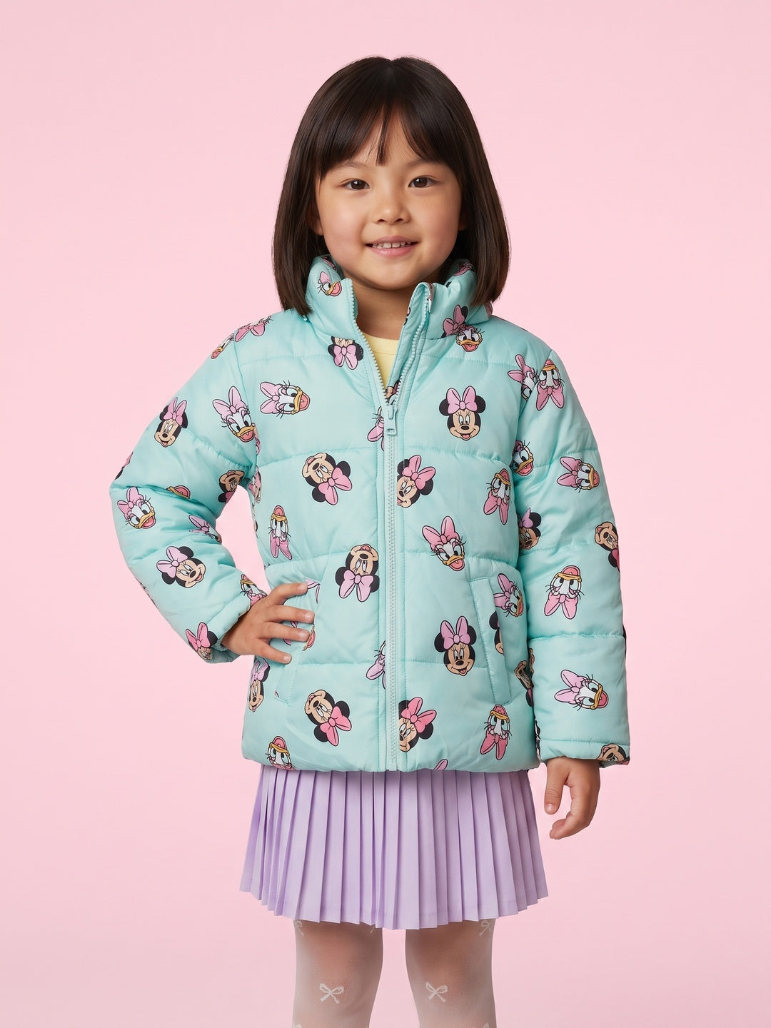 Nautinati Girls Disney Minnie & Daisy Regular Fit Hooded Printed Puffer Jacket with Front Zip