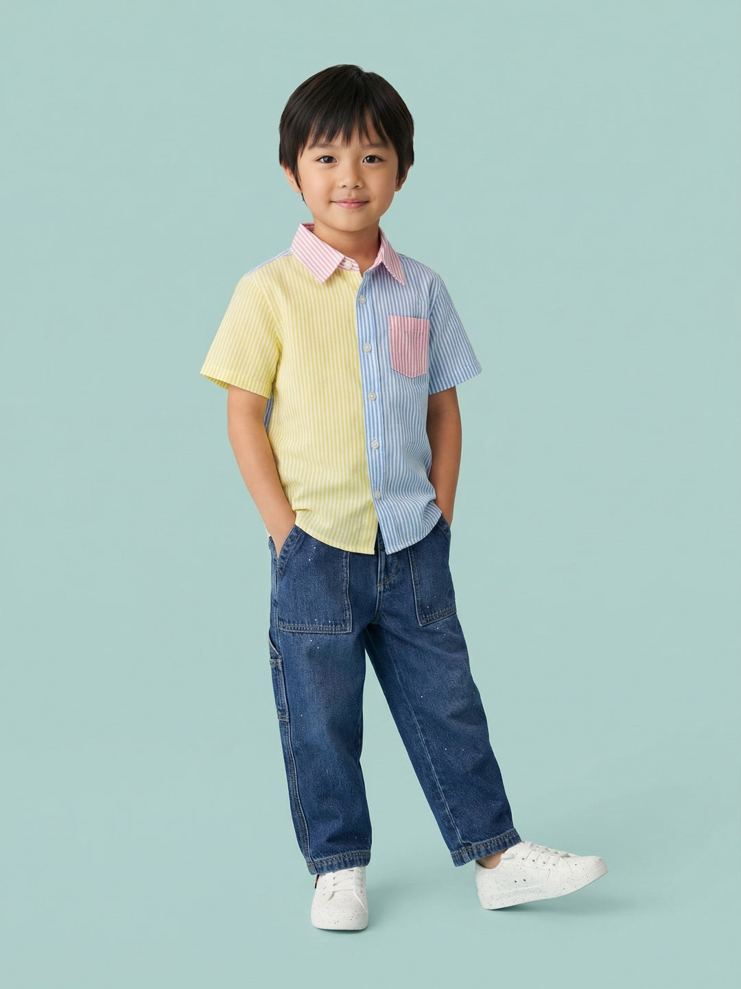 Nautinati Boys' 100% Cotton Multicolour Colourblocked Striped Shirt