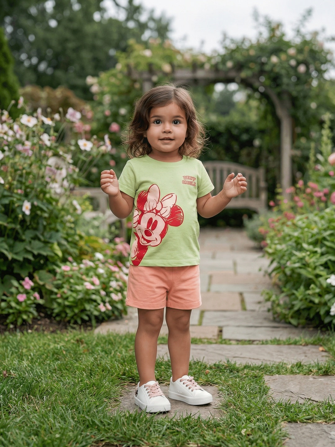 Nautinati Baby Girls Minnie Mouse Printed Regular Fit Round Neck T-shirt and Shorts Clothing Set