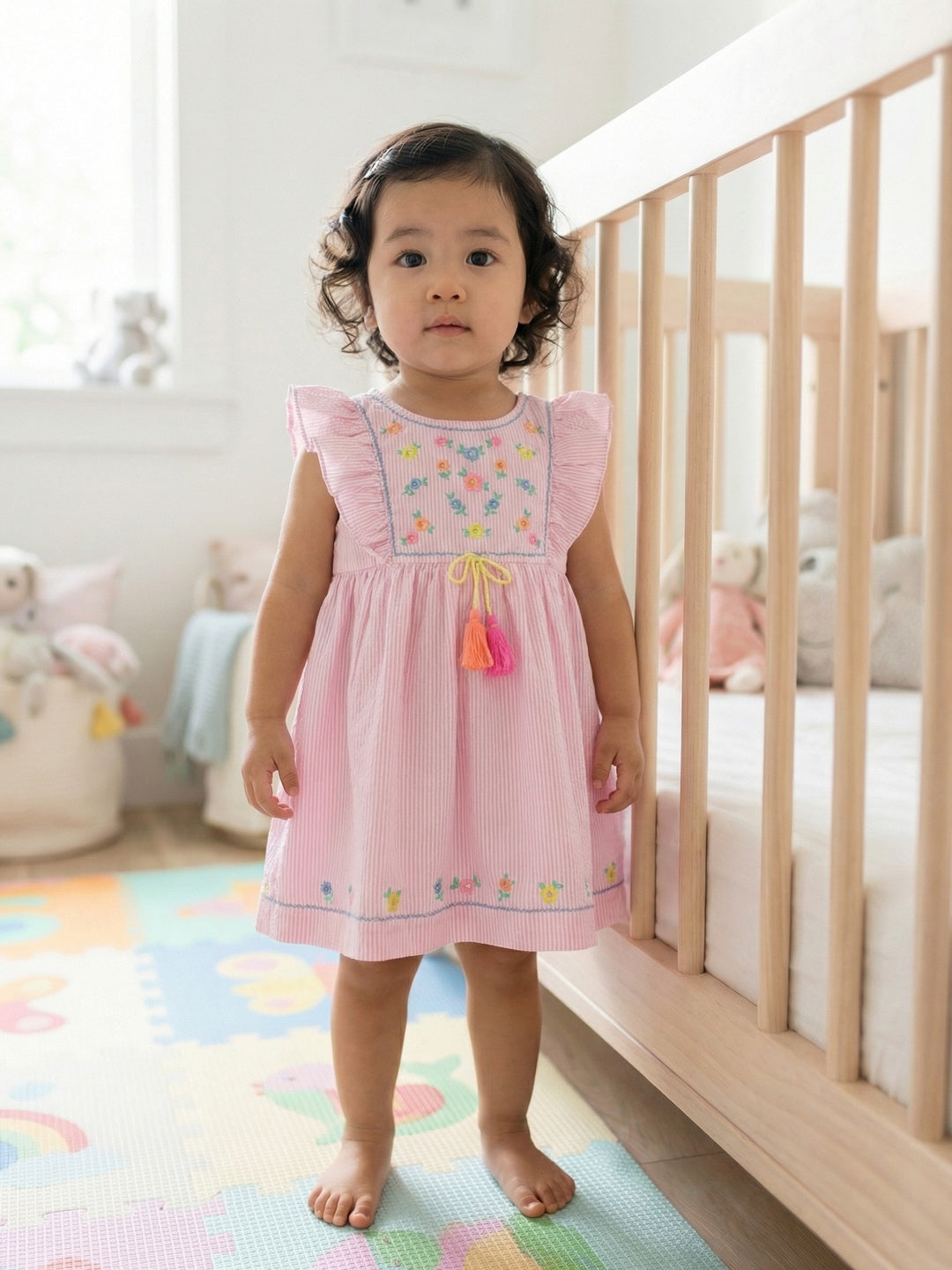 Nautinati Girls' 100% Cotton All-over Striped & Floral Embroidered Ruffled Fit and Flare Dress with Tassels