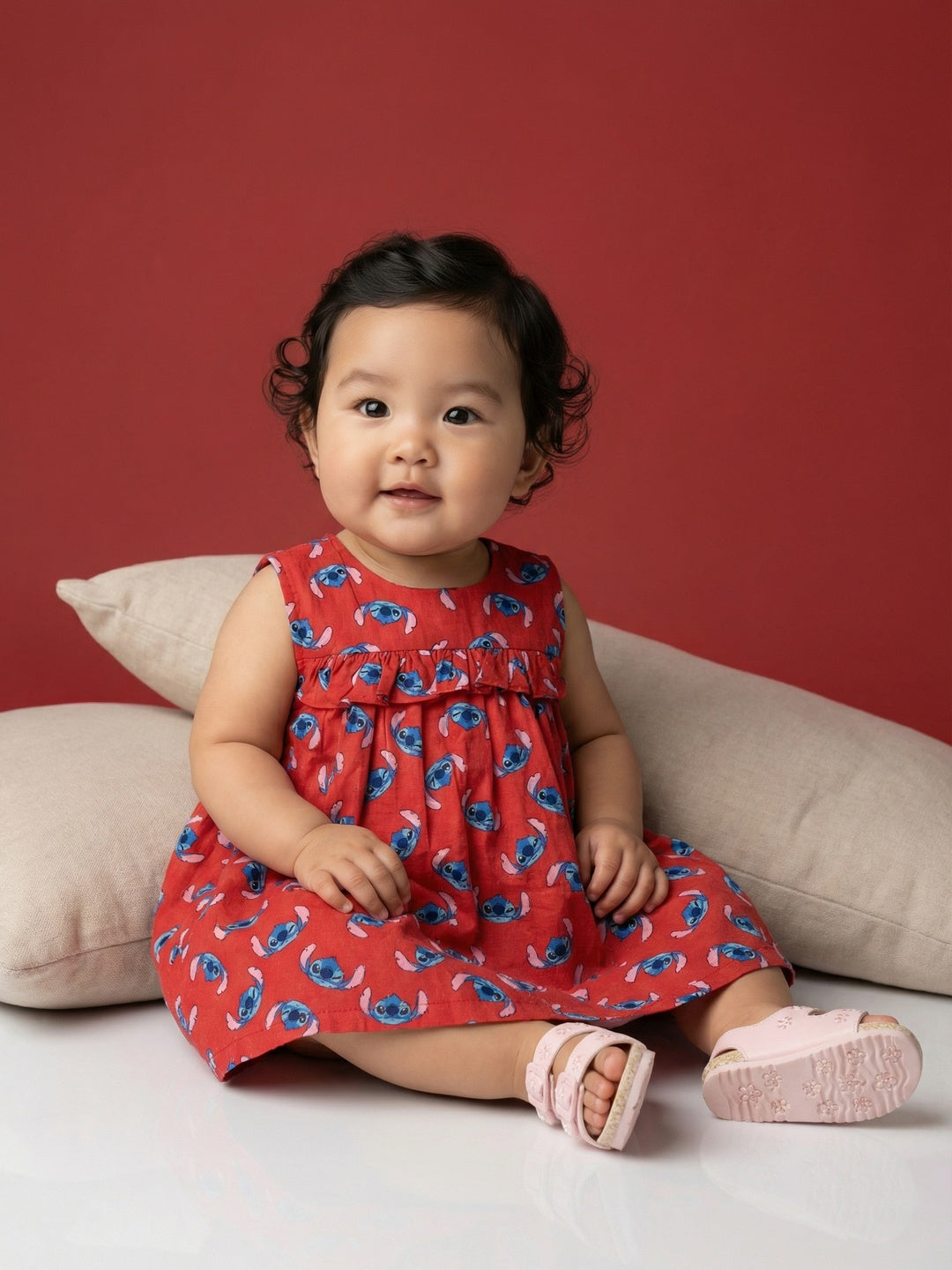 Nautinati Baby Girls' 100% Cotton All-over Disney Lilo & Stitch Print A-line Frilled Dress