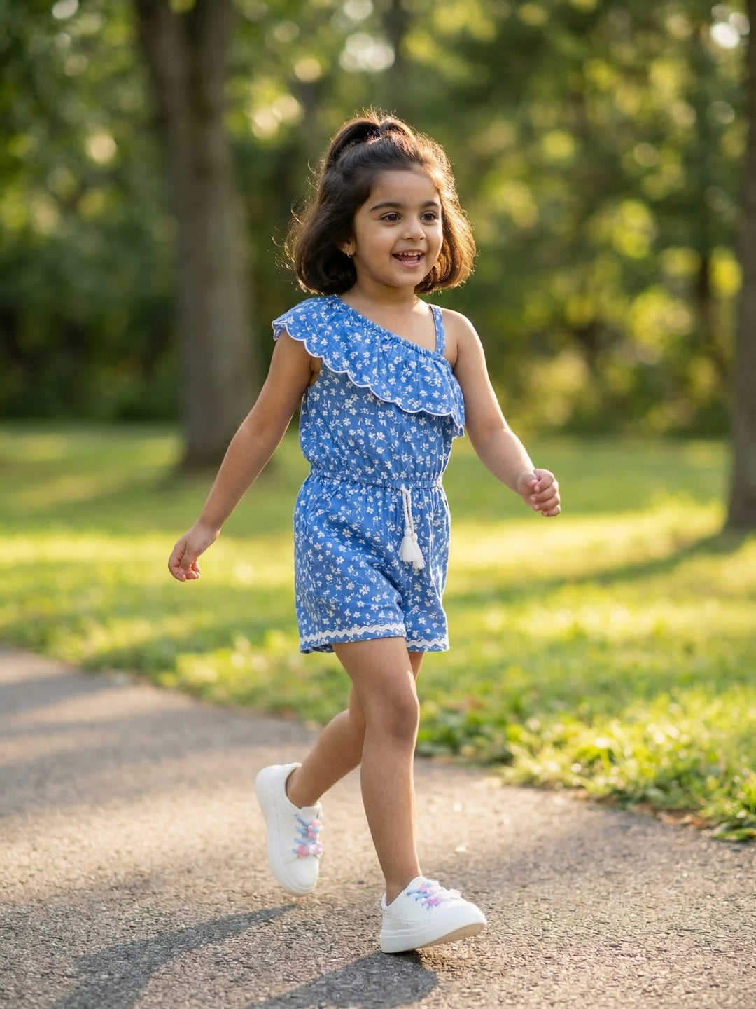 Nautinati Girls' 100% Cotton Asymmetric Off-shoulder Floral Print jumpsuit