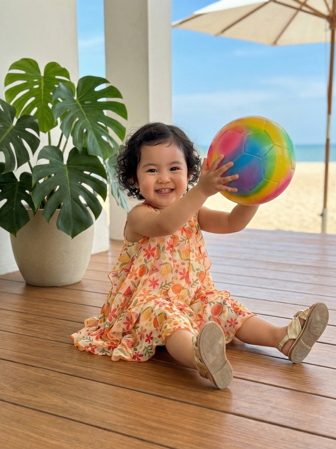 Nautinati Baby Girls' A-line Strappy Ruffle Dress with Multicolour All-over Tropical Fruits like Watermelon, Orange, Lemon Print & 3D Embelishments