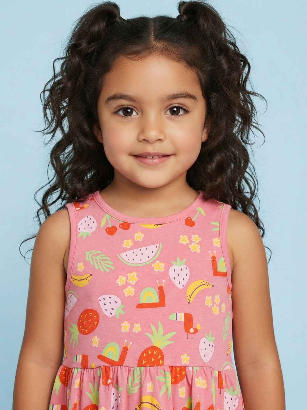 Nautinati Girls' 100% Cotton Pack of 2 Fit & Flare Dresses with Tropical-theme Teddy Graphic & Fruit All-over Print