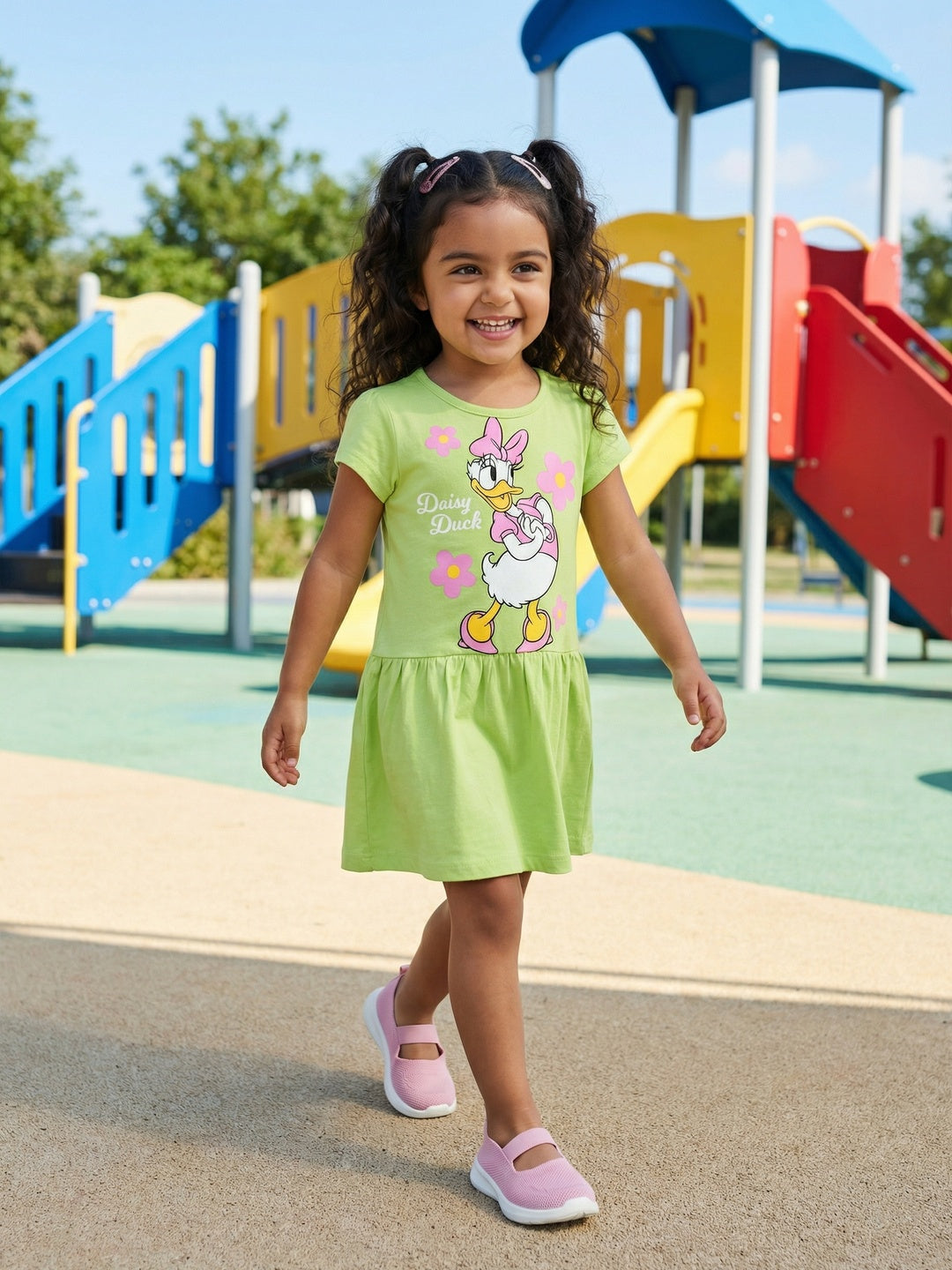 Nautinati Girls' 100% Cotton Disney Daisy Duck Floral Placement Print A-line Dress