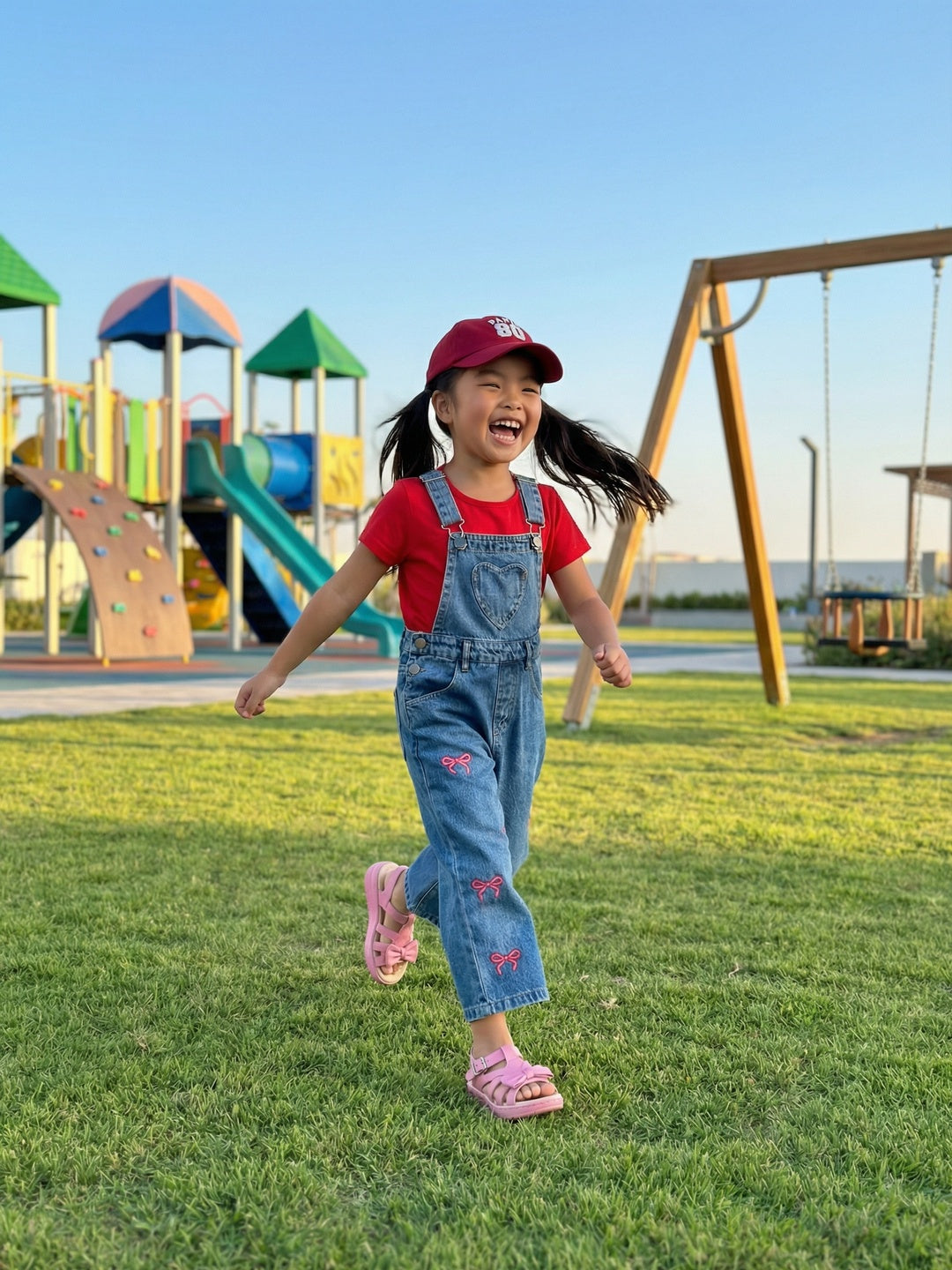 Nautinati Girls Bow Printed Regular Fit Denim Dungaree Set