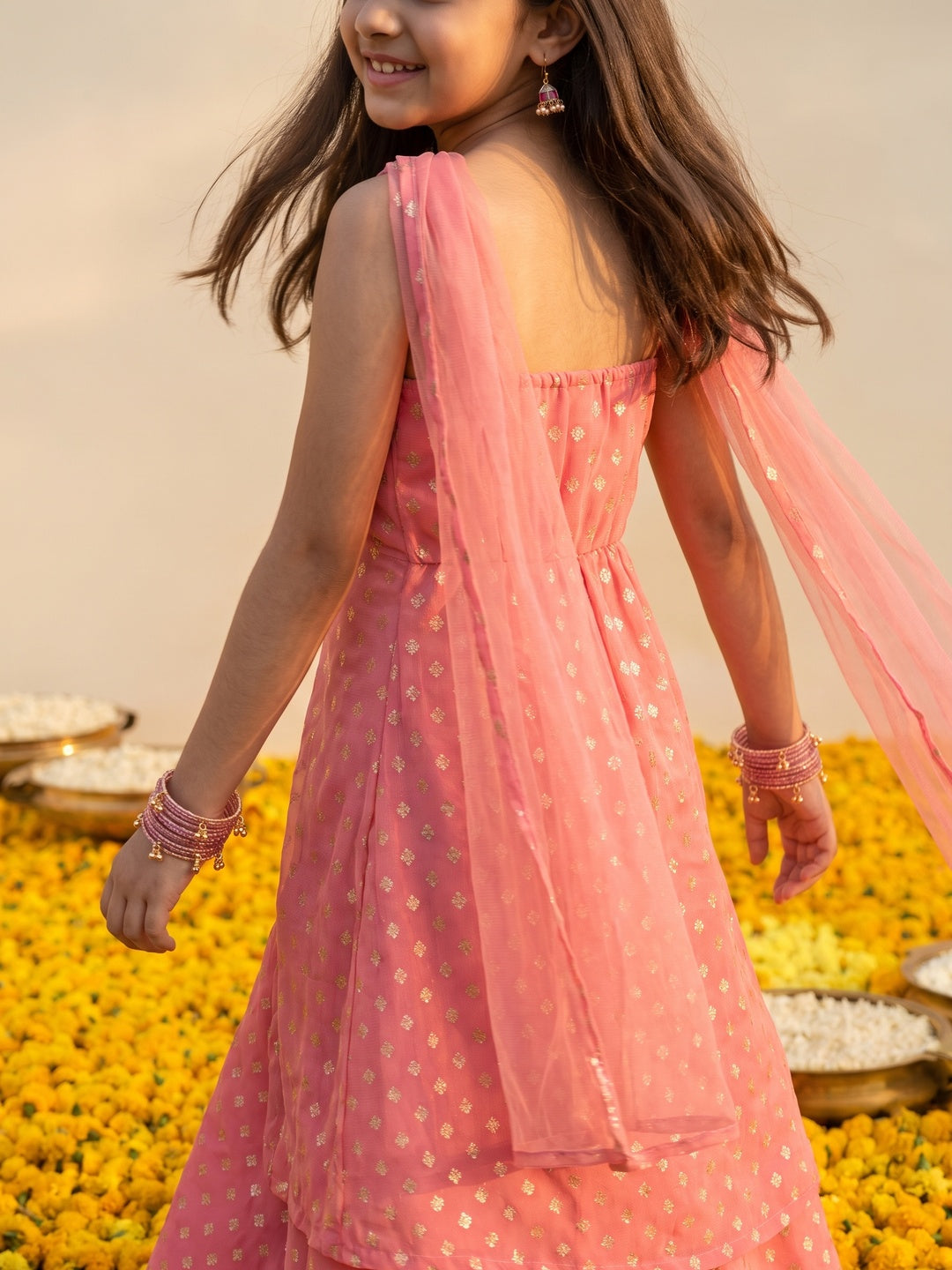 Nautinati Girls' Georgette Blend Ready-to-wear All-over Gold Toned Foil Print Lehenga & Blouse with Net Dupatta