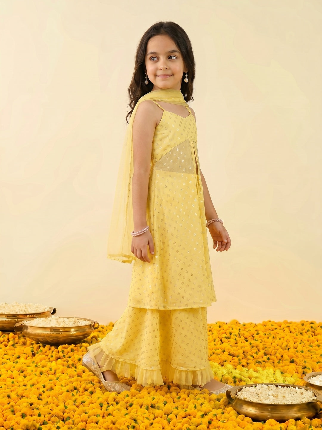 Nautinati Girls' Georgette Blend Ready-to-wear All-over Gold Toned Foil Print Lehenga & Blouse with Net Dupatta