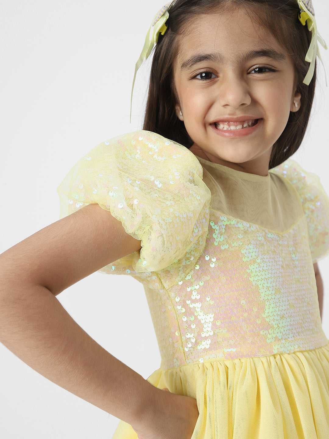 Nautinati Girls' Embellished Dress With Puff Sleeves