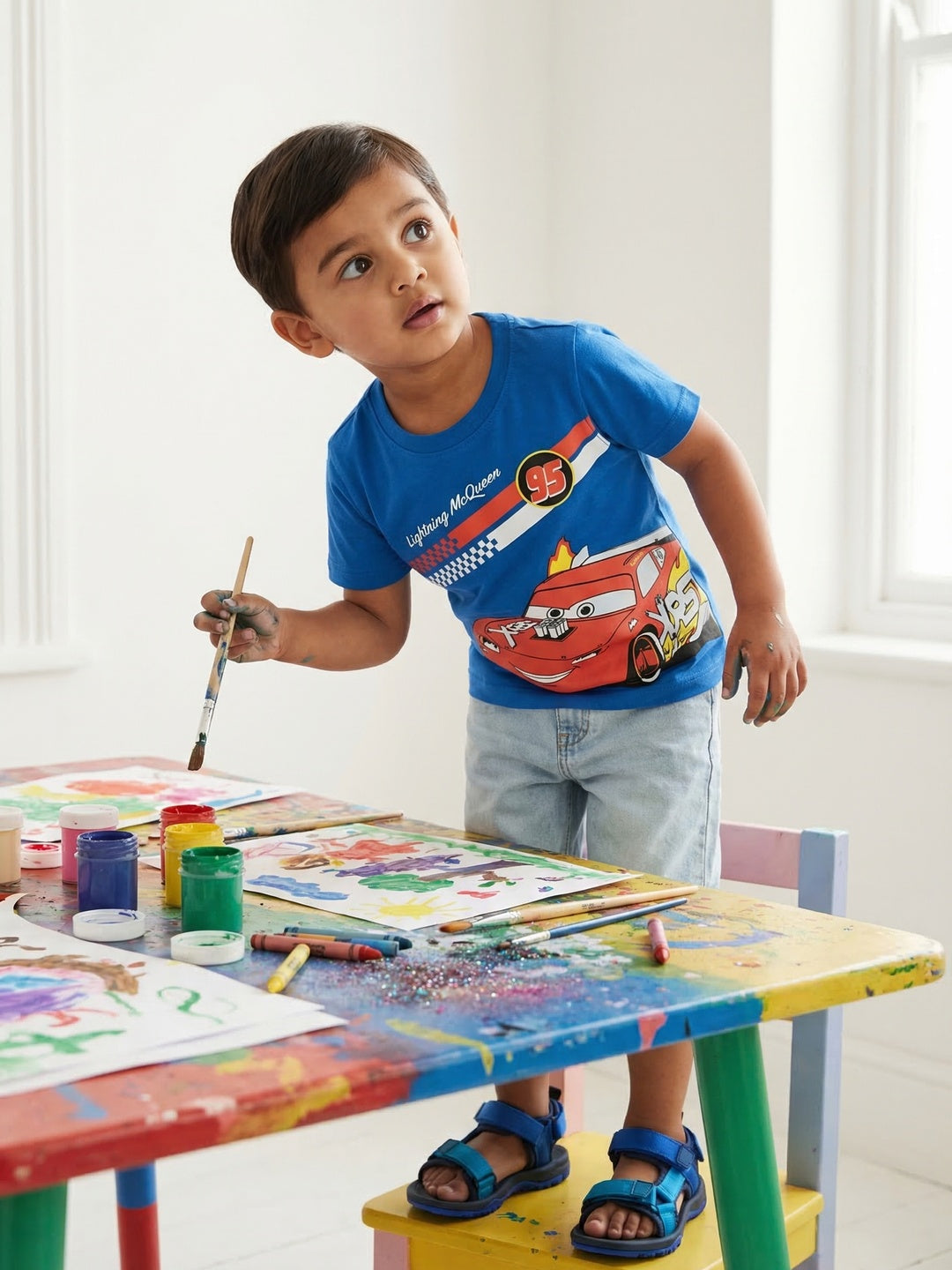 Nautinati Boys' 100% Cotton Crew Neck Disney Cars Placement Print T-shirt