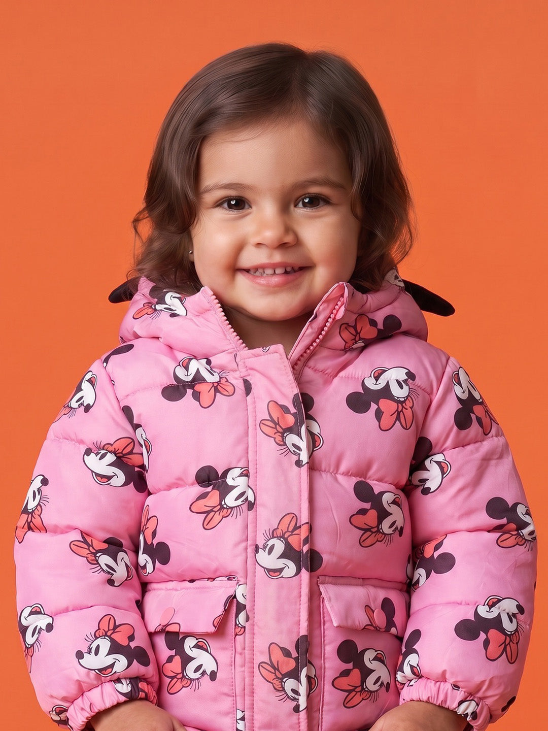 Nautinati Baby Girls Disney Minnie Mouse Regular Fit Hooded Puffer Jacket Front Zip