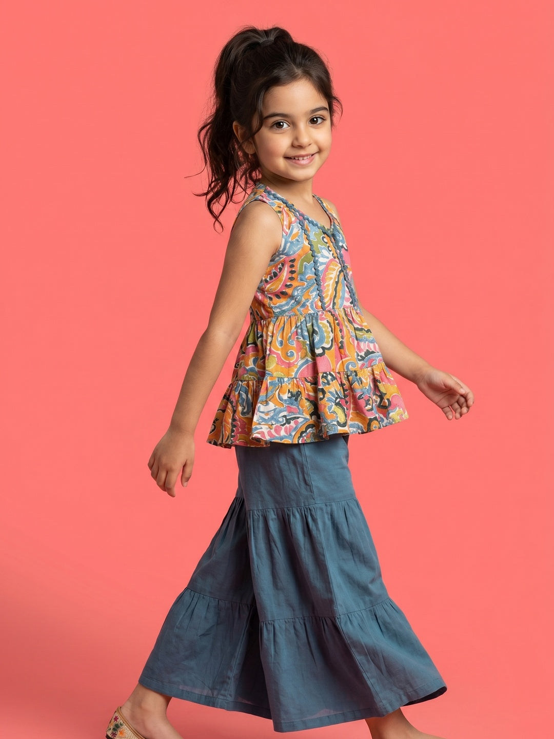 Nautinati Girls' A-line All-over Paisley Print Kurti, Solid Sharara, Net Dupatta Set with Gota Patti Details