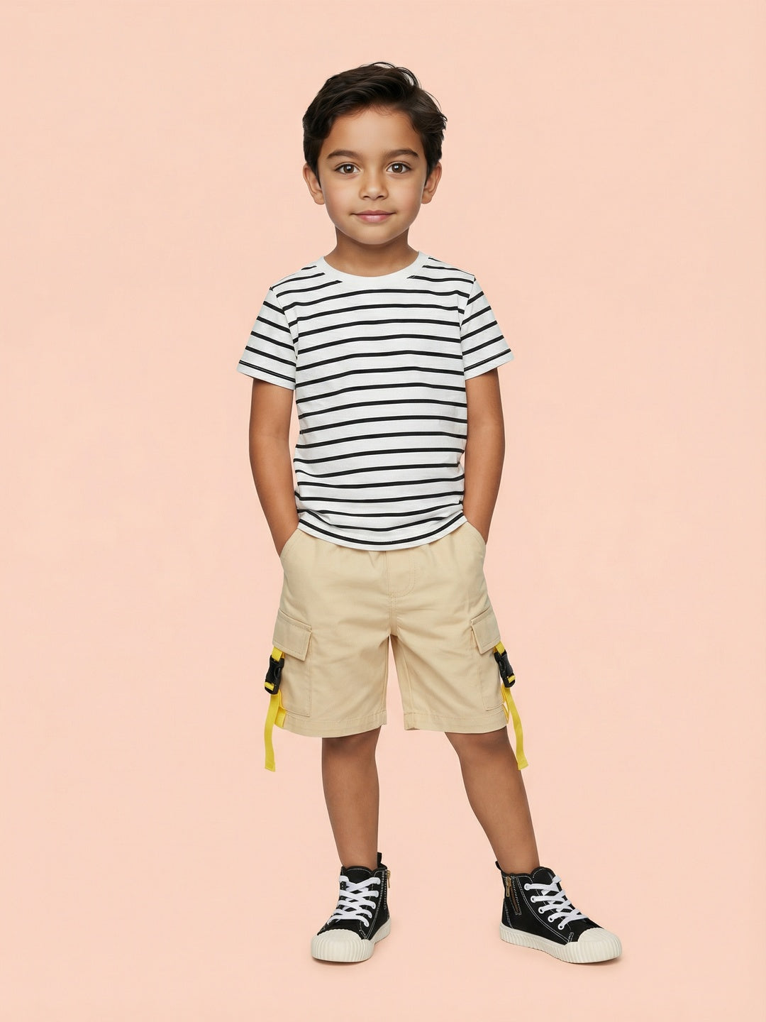 Nautinati Boys’ 100% Cotton Solid Cargo Shorts with Functional Strap & Buckle Details