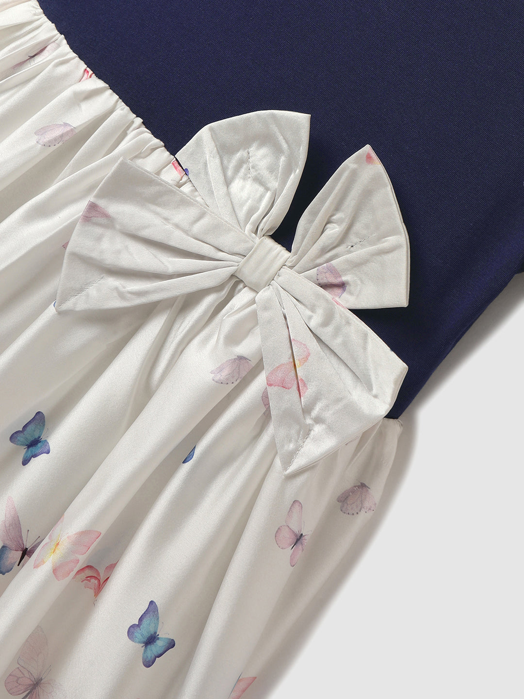 Nautinati Blue & White Japanese Satin Dress With a Bow for Girls