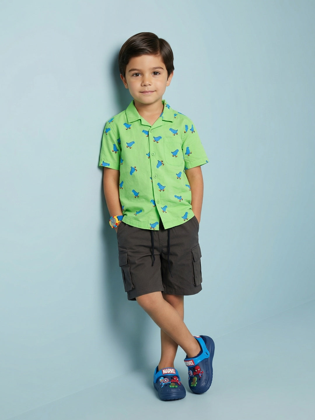 Nautinati Boys Dinosaur Printed Oversized 100% Cotton Resort Shirt and Cargo Shorts Set