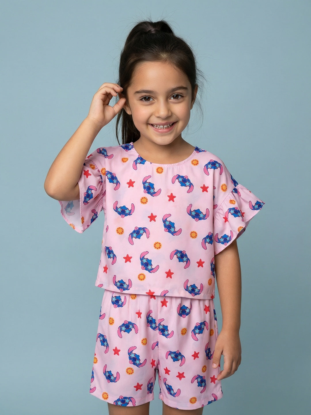 Nautinati Girls Lilo & Stitch Printed Regular Fit Round Neck T-shirt and Shorts Co-ord Set