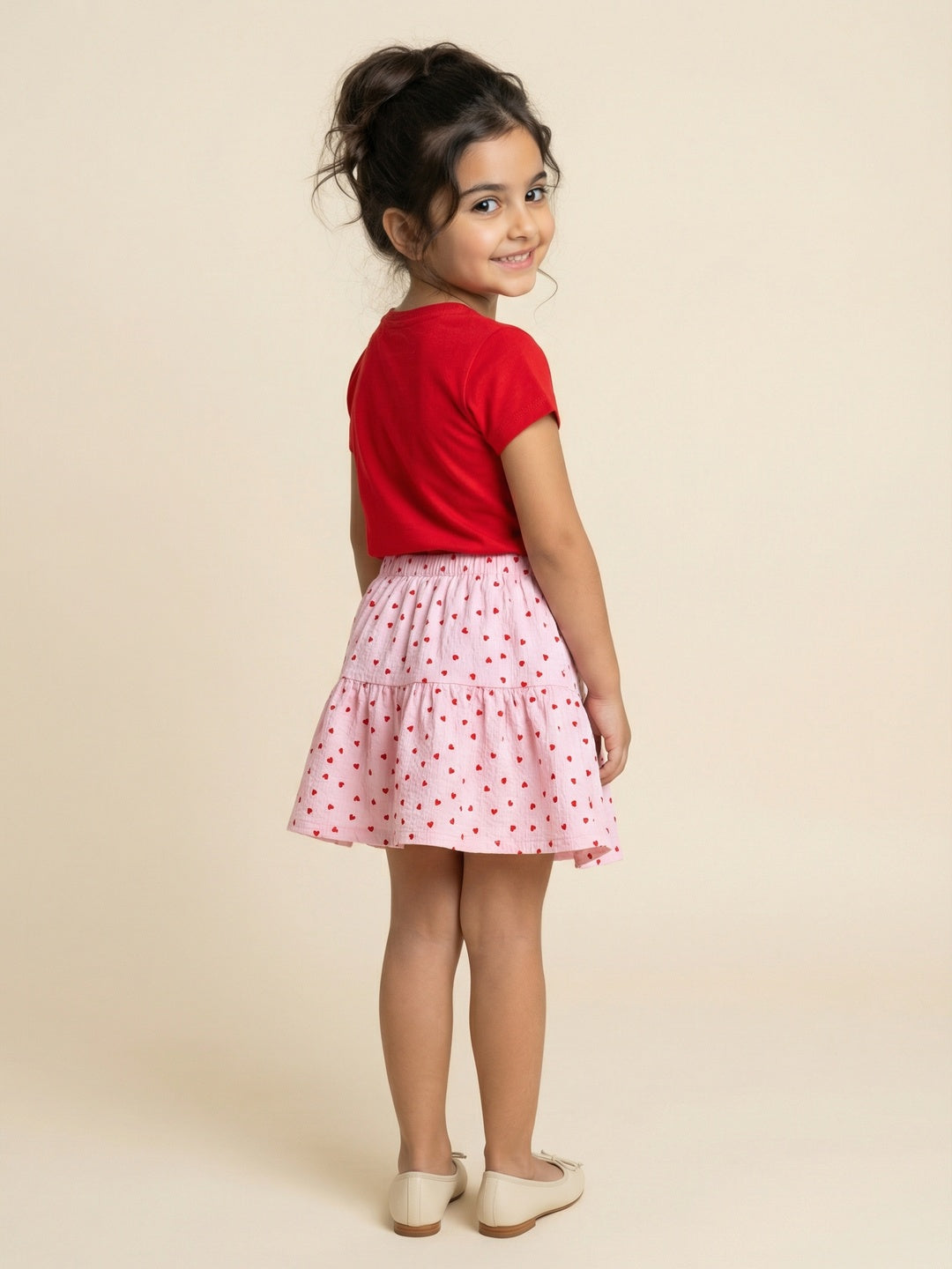 Nautinati Girls Red Regular Fit Crew Neck Cotton Graphic T-shirt and All Over Print Pink Crepe Skirt Summer Clothing Set