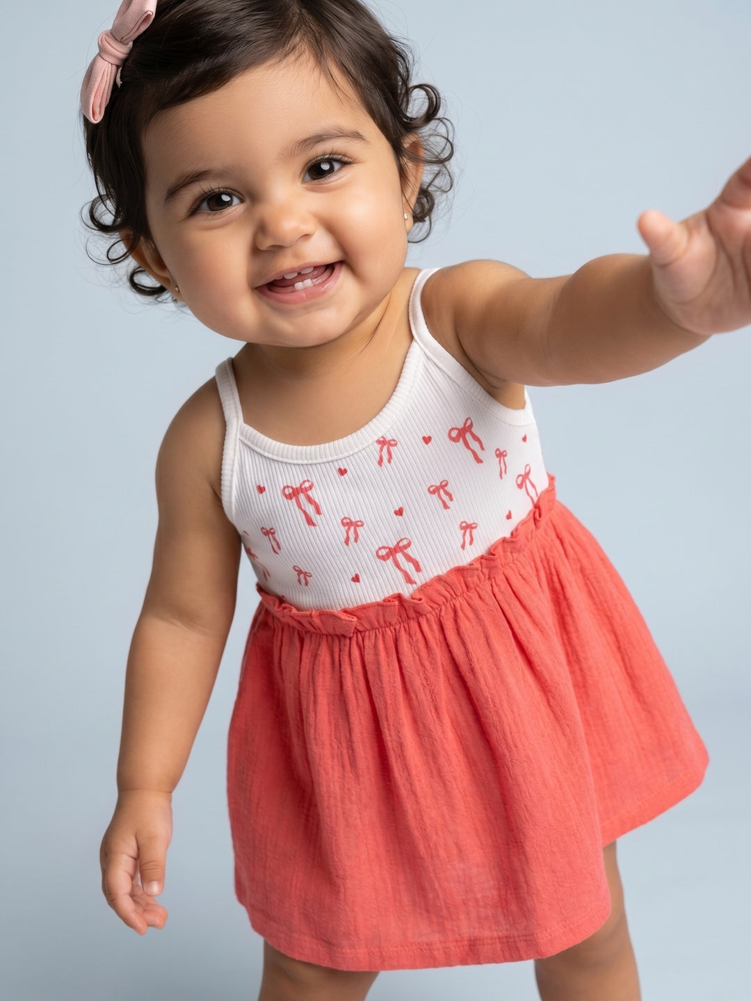 Nautinati Girls' Drop Needle Interlock Cotton Bow Printed Fit & Flare Dress