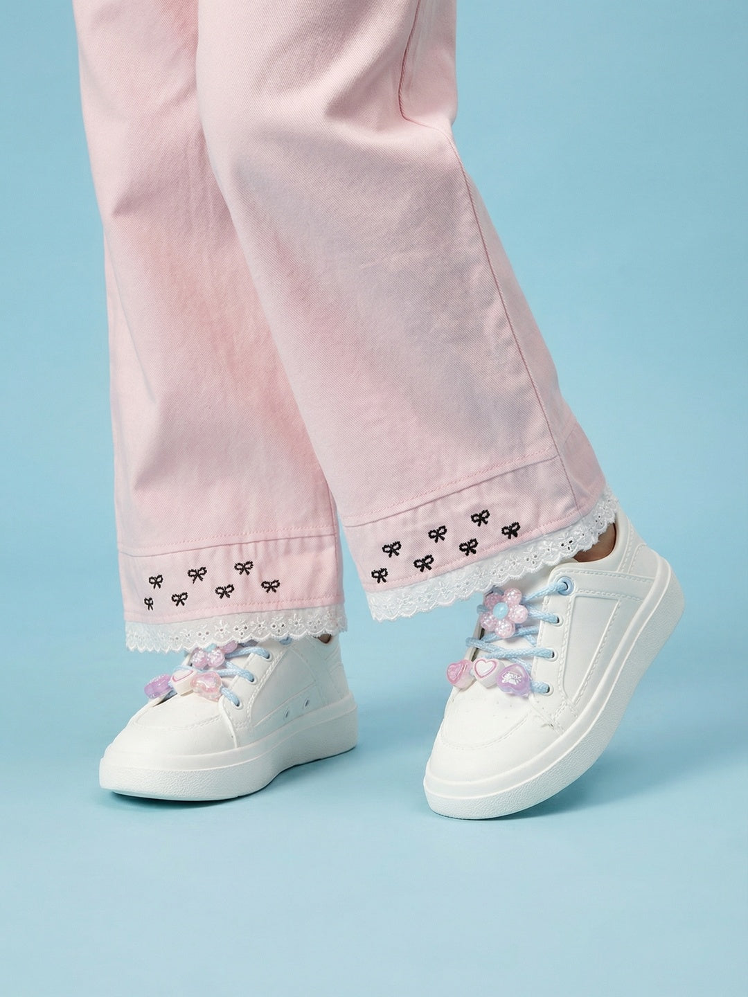 Nautinati Girls' 100% Cotton Straight Fit Twill Woven Trousers with Embroidery & Schiffli Hem