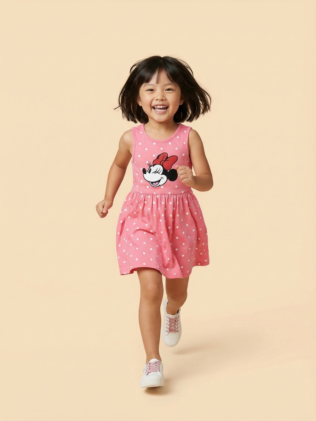 Nautinati Girls' 100% Cotton Disney Minnie Mouse Placement Print & Polka Dot Print Dress