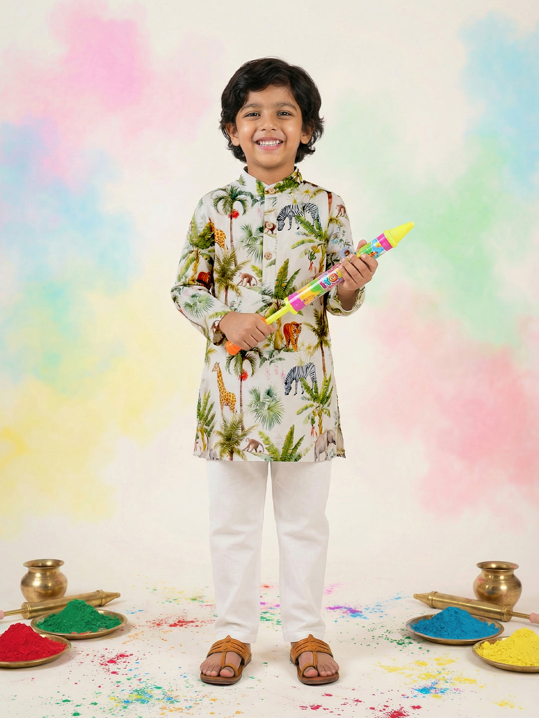 Boys' 100% Cotton Festive Resort Style Printed Kurta & Solid Pyjama Set