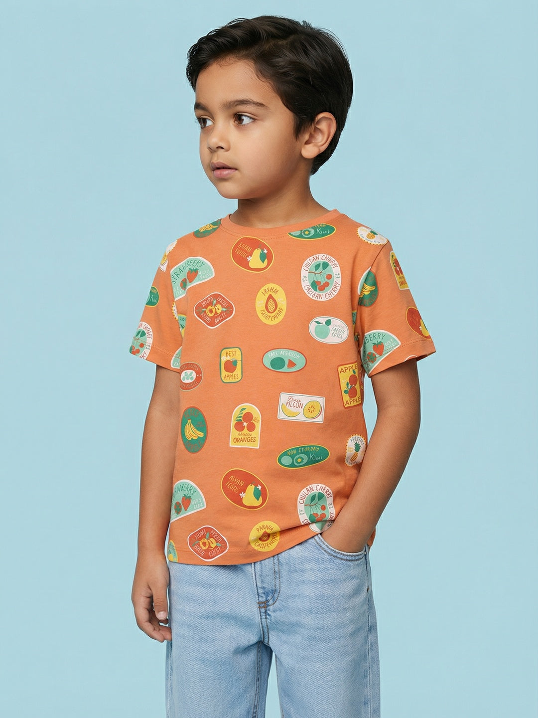 Nautinati Boys' 100% Cotton Pack of 2 All-over & Chest Fruit Print Crew Neck T-shirts