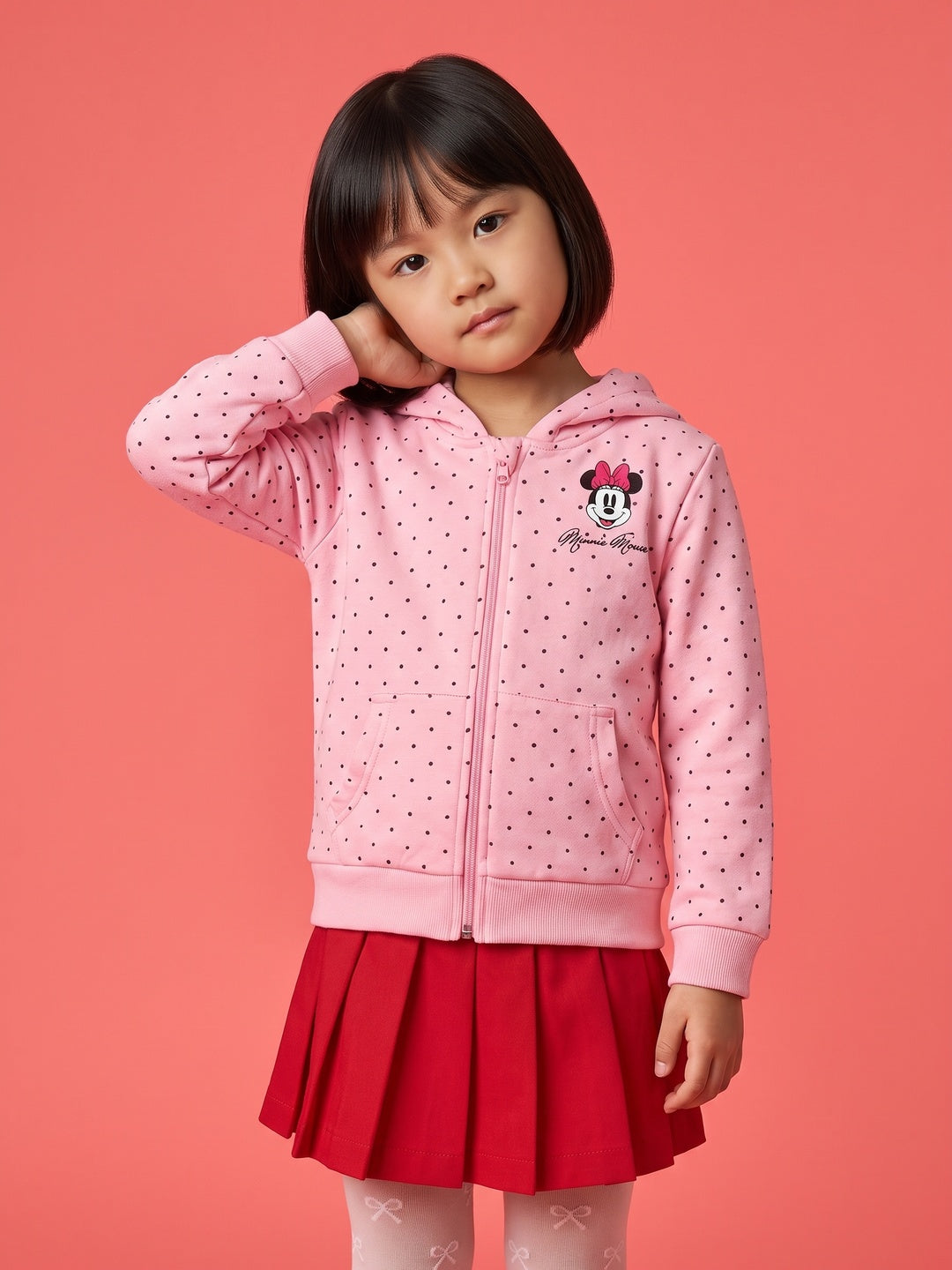 Nautinati Girls Disney Minnie Mouse Polka Dot Zip-Up Hoodie with Bow Applique
