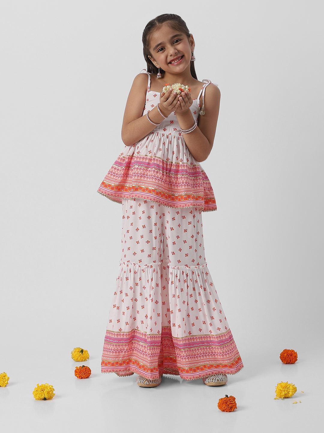 Nautinati Girlsâ€™ Block Print Fusion Set With Tassels, Gota Trims and Flared Silhouette