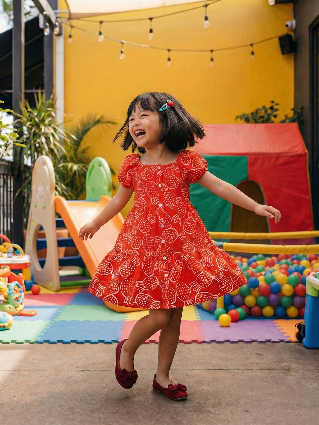 Nautinati Girls' Cotton Blend All-over Print Fit & Flare Dress with Puff Sleeves