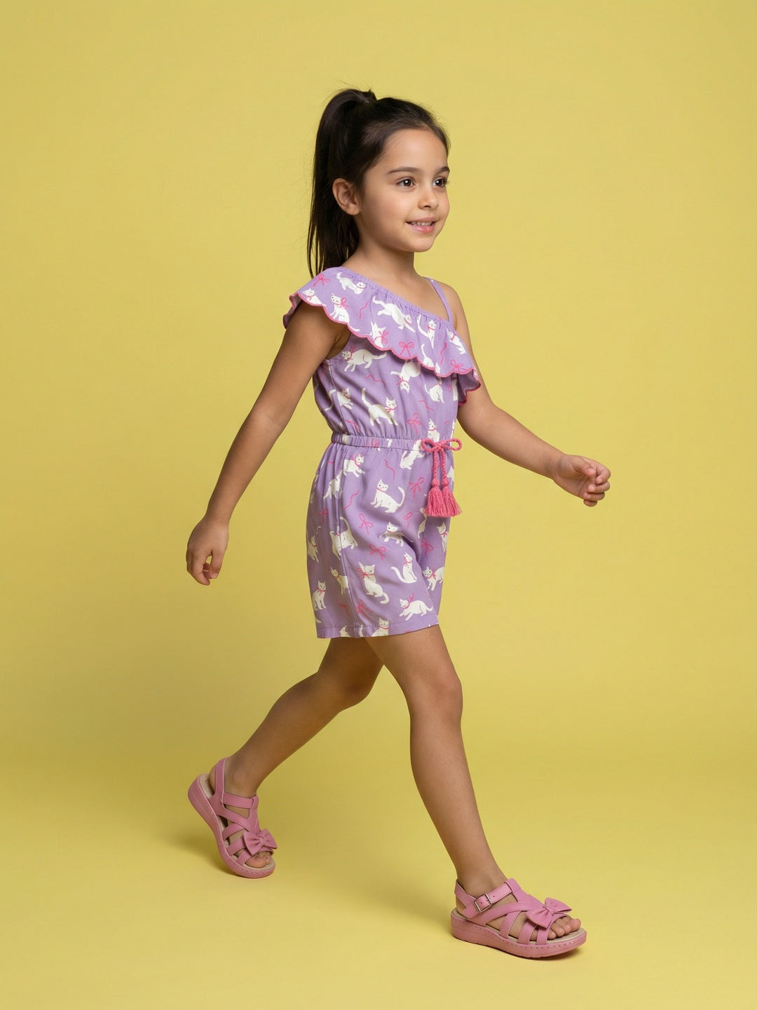 Nautinati Girls' Asymmetric Off-shoulder Cat Printed Playsuit with Tassel & Scallop Details