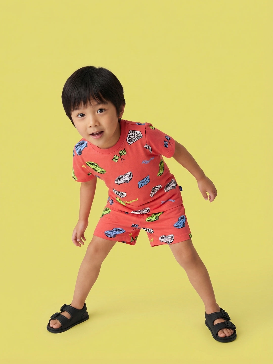 Nautinati Boys' Cars Printed Regular Fit Round Neck T-shirt and Shorts Co-ord Set