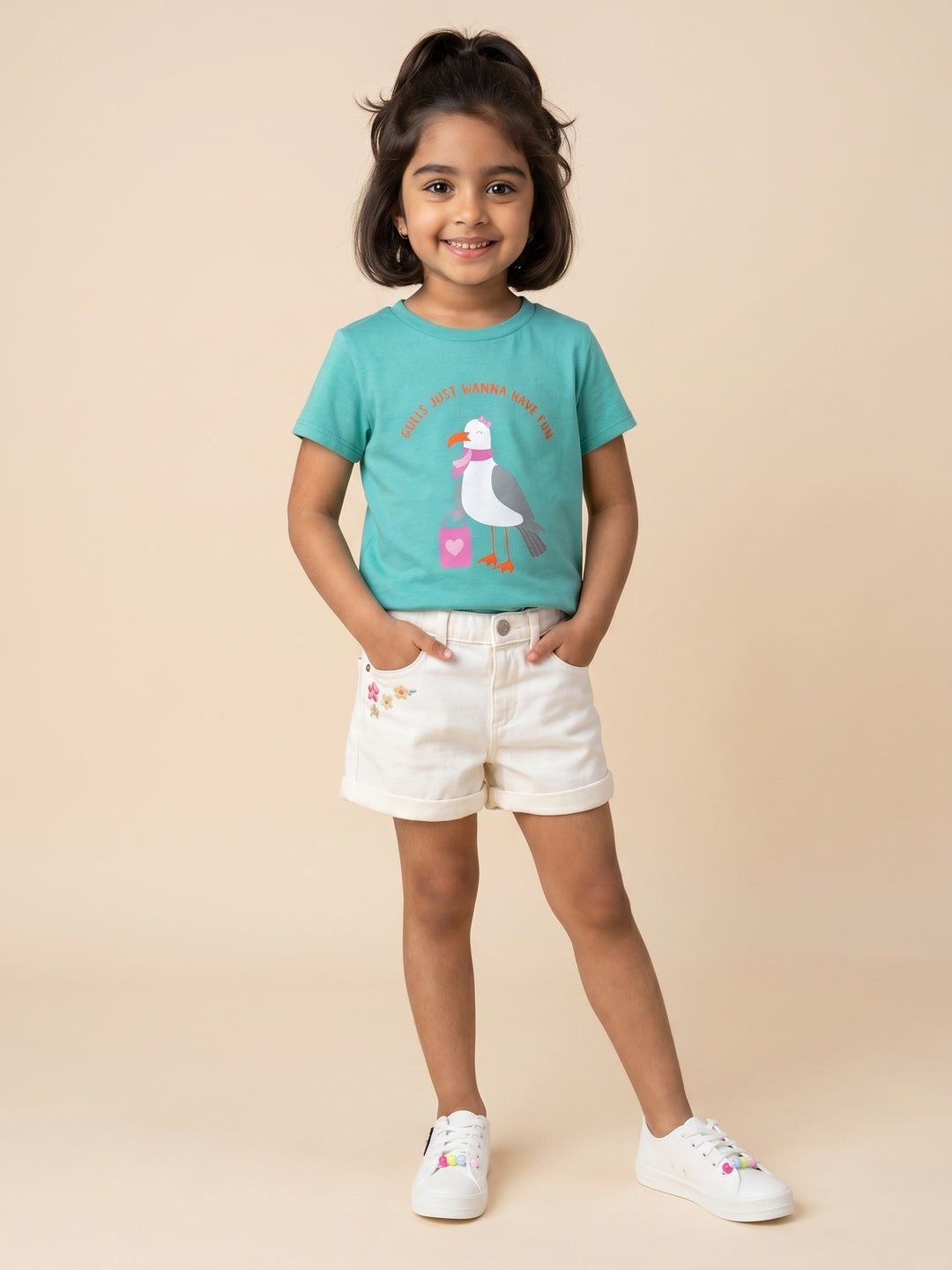 Nautinati Girls' Pack of 2 Cotton Striped and Seagull Printed T-shirts