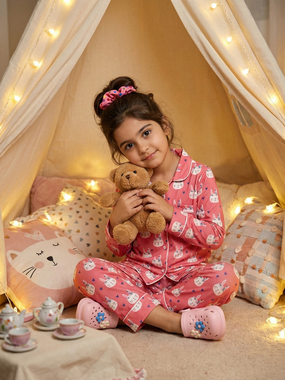 Nautinati Girls' Rayon Bunny All-over Print Woven Night Suit with Full-sleeve T-shirt & Full Bottoms