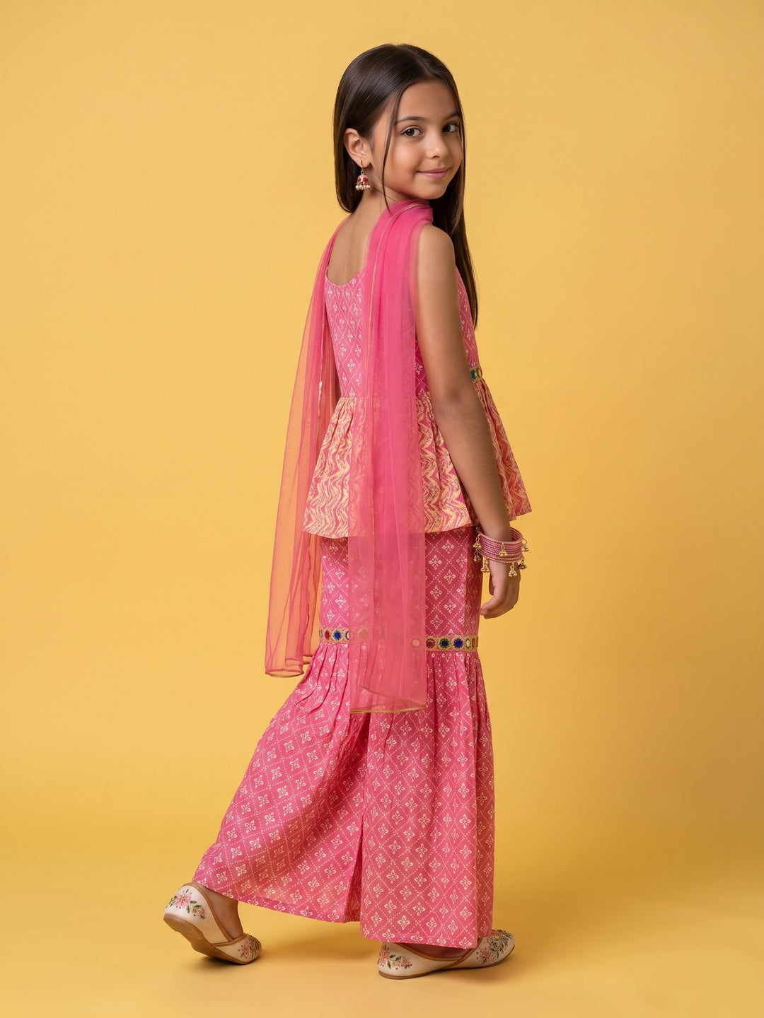Nautinati Girls Bandhani Printed Mirror Work Pure Cotton Kurti With Sharara Dupatta