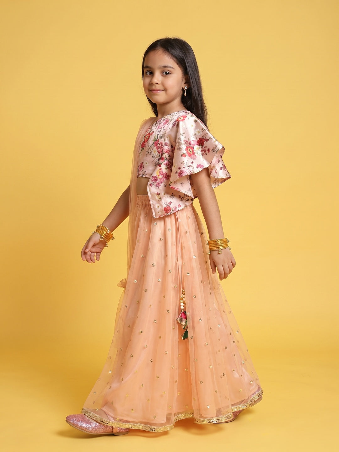 Nautinati Girls Light-Pink Printed Sleeveless Polyester Ethnic