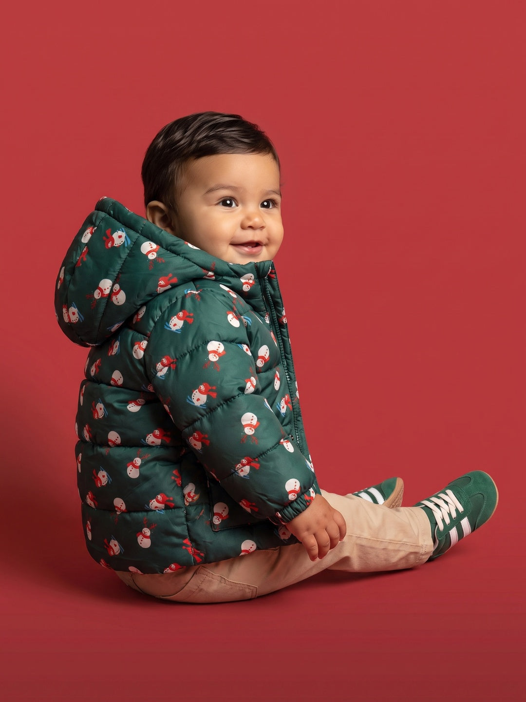 Nautinati Baby Boys Hooded Snowman Printed Puffer Jacket with Front Zip, Regular Fit