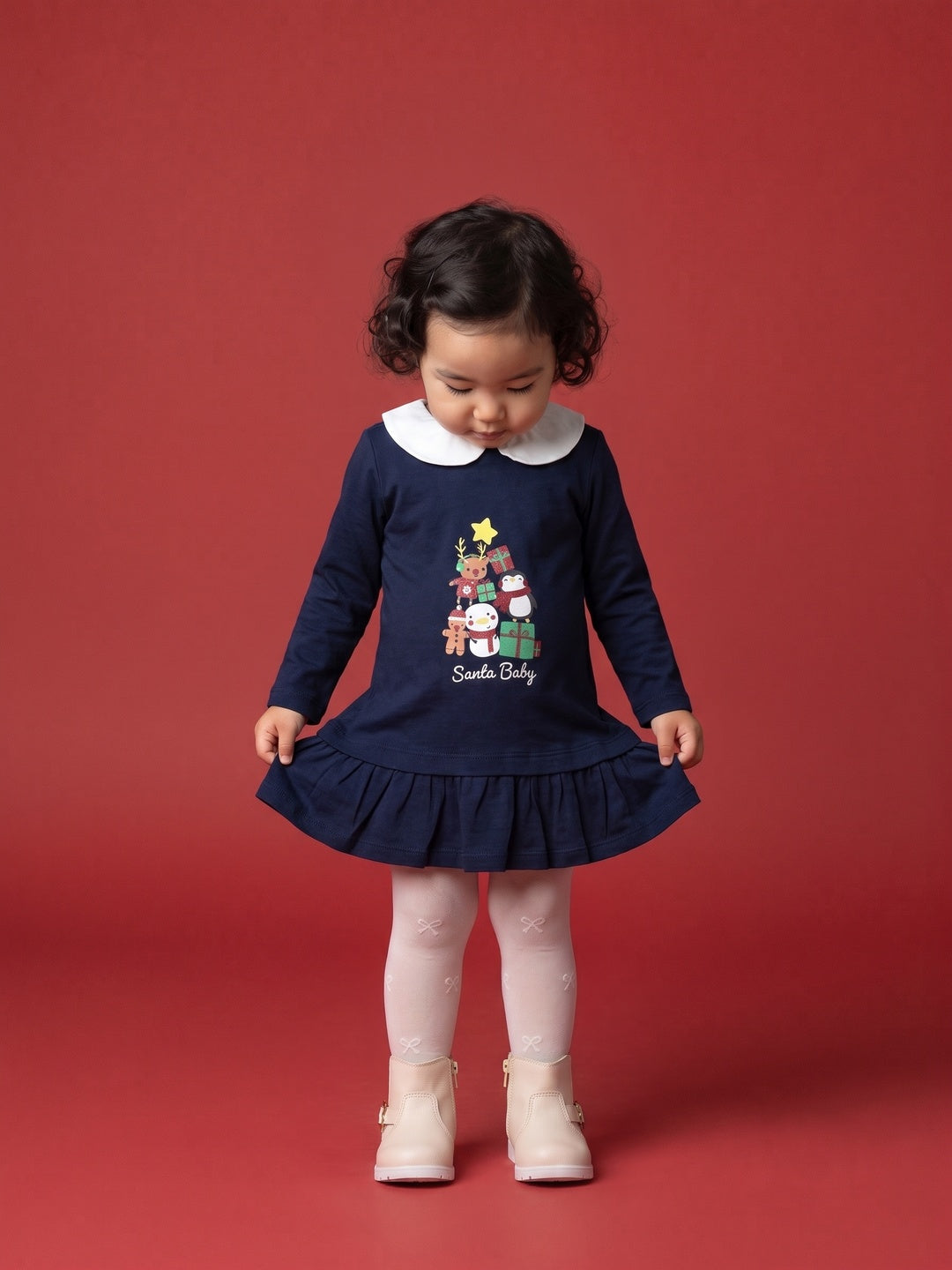 Nautinati Baby Girls Santa Christmas Sweatshirt Dress with Peter Pan Collar