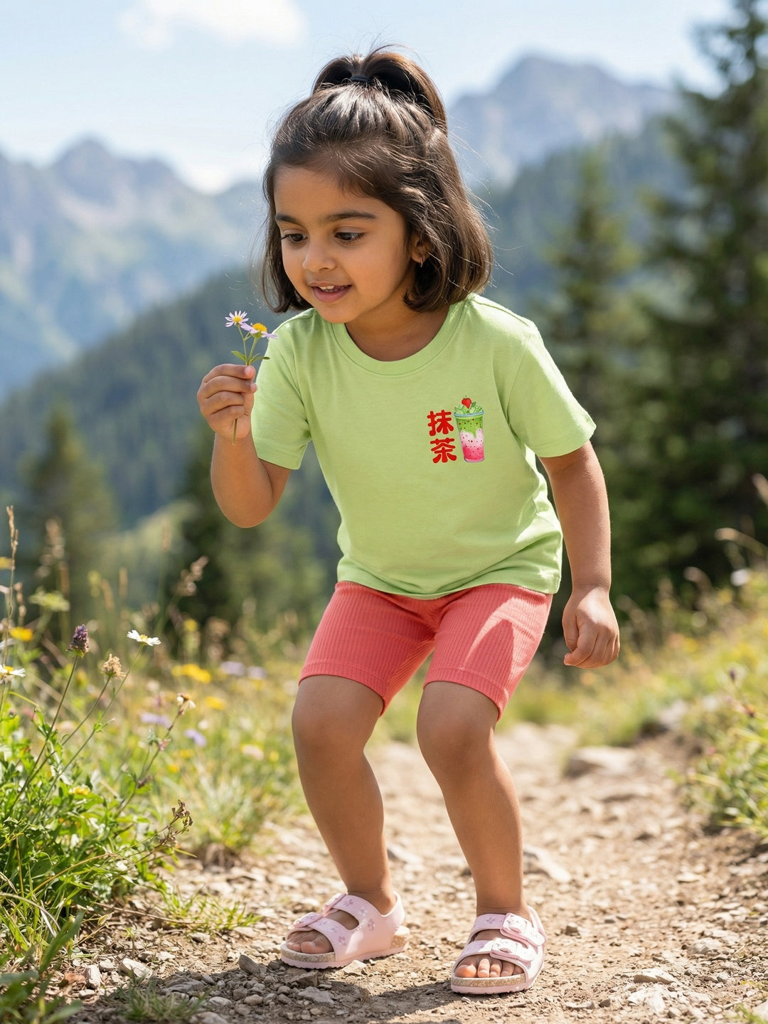 Nautinati Girls Matcha Print Oversized Crew Neck Green T-shirt and Biker Shorts Clothing Set