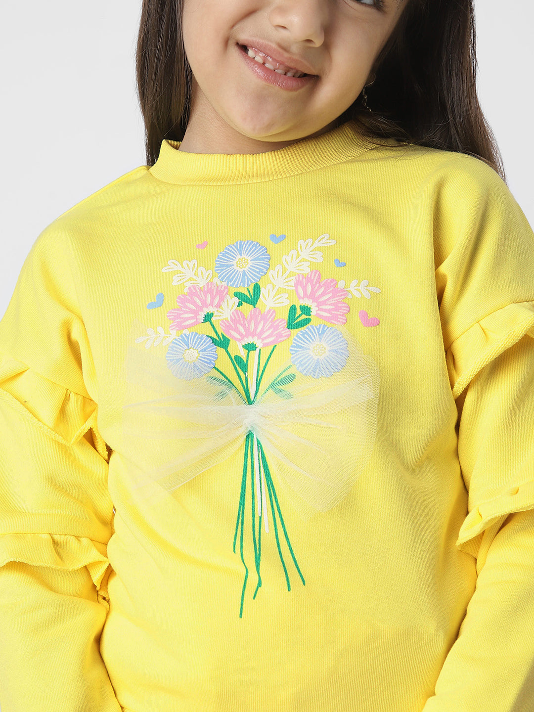 Girls Floral Printed Sweatshirt With Ruffle Detail