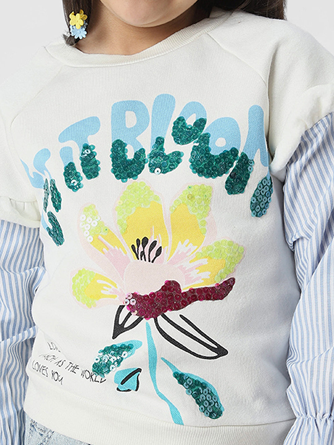 Girls Graphic Printed Sweatshirt With Striped Sleeves